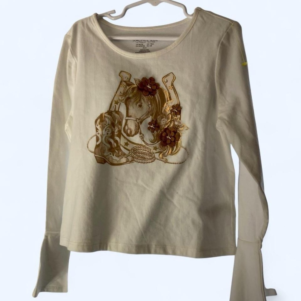 Rachel Zoe white bell long sleeve shirt w horse and floral embellish 8 girls